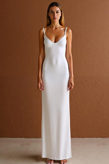 Robe formelle simple à bretelles spaghetti fourreau satin ivoire